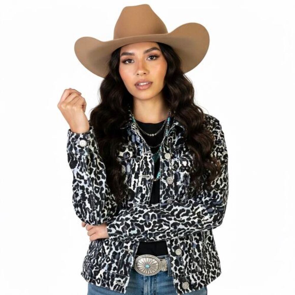 LAL Live a Little Leopard Print Jacket Womens M Black Stretch Western Cowgirl